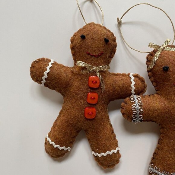 Gingerbread Man Christmas Tree Ornaments Handmade Felt Hand Stitched - Picture 2 of 5